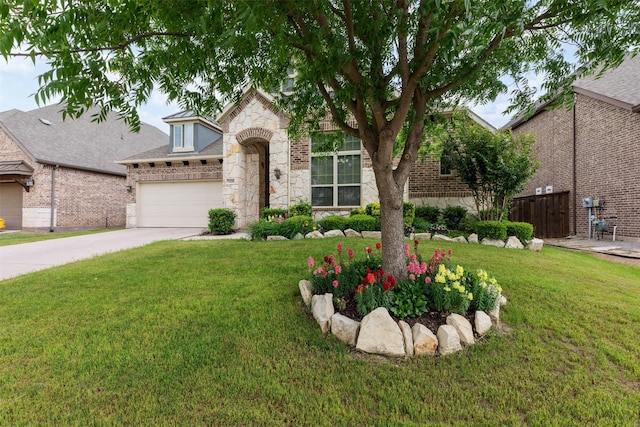 view of front facade with a front yard, driveway, brick siding, and stone siding