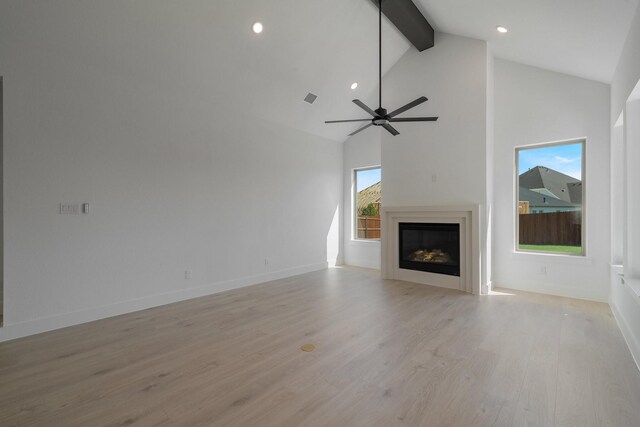 unfurnished living room featuring visible vents, a glass covered fireplace, beamed ceiling, high vaulted ceiling, and light wood-type flooring