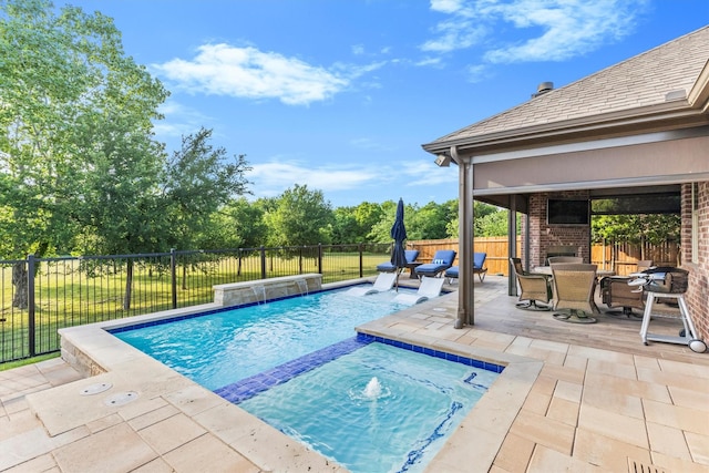 view of swimming pool with a fenced backyard, a fenced in pool, an outdoor brick fireplace, outdoor dining area, and a patio area