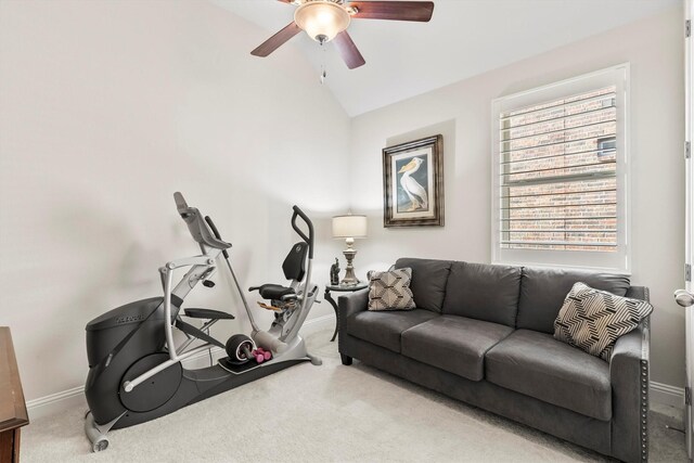 exercise area featuring carpet flooring, a ceiling fan, baseboards, and lofted ceiling