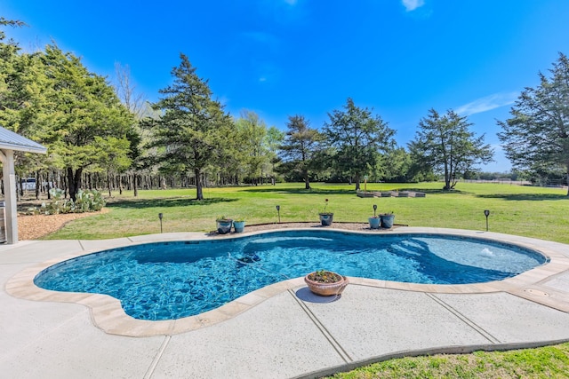 pool with a lawn and a patio area