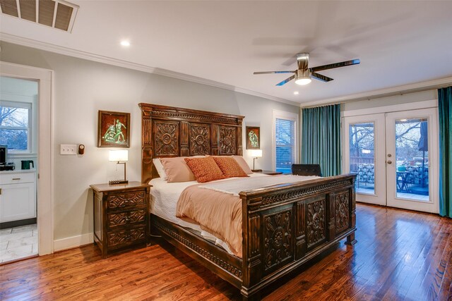 1635 Taft St, Dallas, TX 75208 - bedroom featuring french doors, visible vents, access to outside, crown molding, and wood finished floors