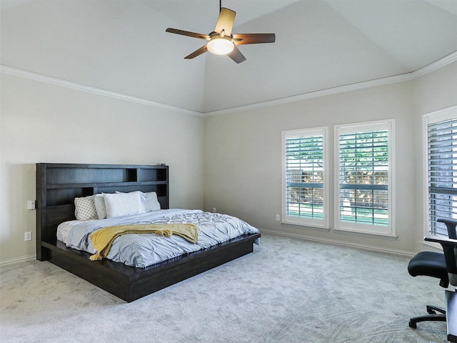 bedroom with high vaulted ceiling, baseboards, and carpet