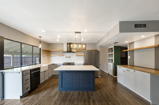 kitchen featuring visible vents, open shelves, dishwasher, a sink, and dark wood-style floors