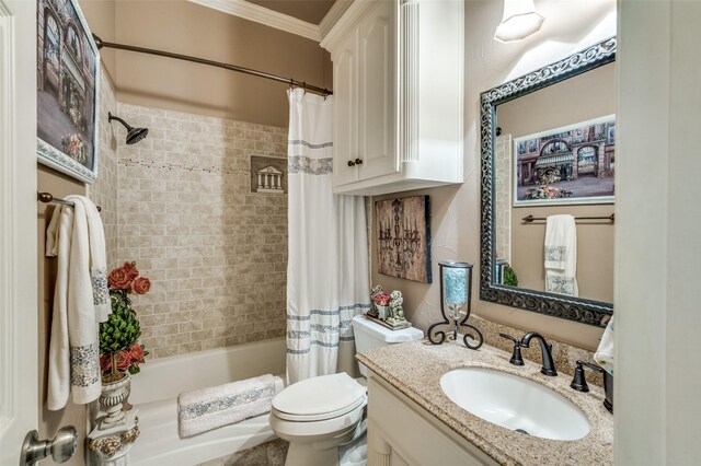 bathroom featuring crown molding, toilet, shower / bathtub combination with curtain, and vanity