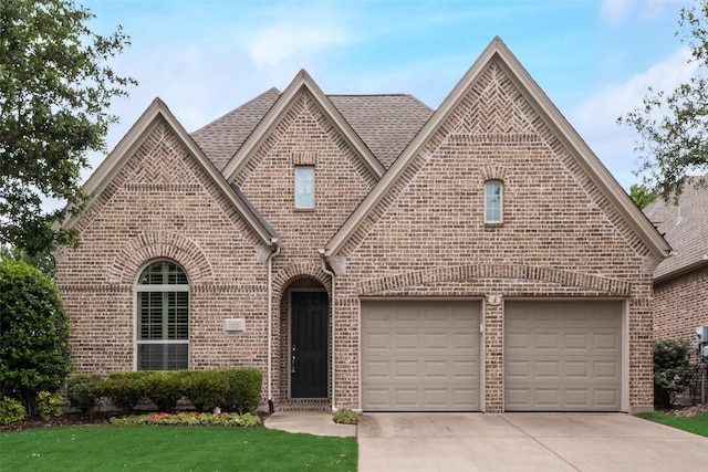 french country home featuring roof with shingles, concrete driveway, a front yard, and brick siding