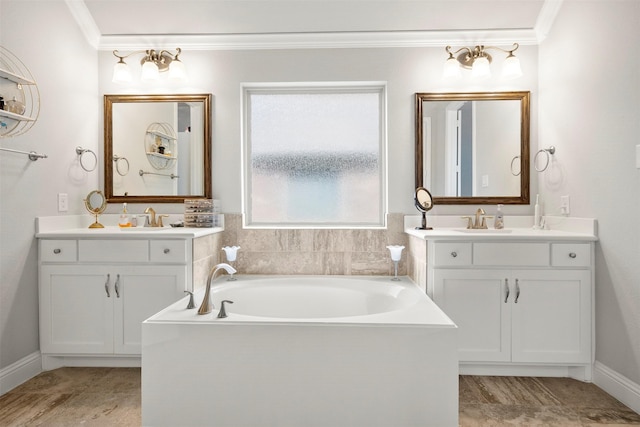 full bath featuring a sink, crown molding, a bath, and two vanities