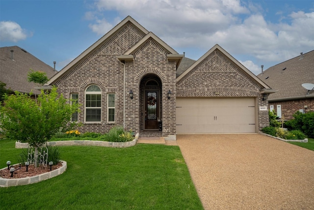 french country inspired facade featuring brick siding, a garage, a front yard, and concrete driveway