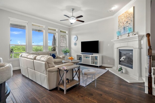 living room featuring plenty of natural light, a ceiling fan, dark wood-style floors, and ornamental molding