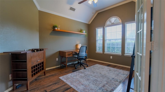 office area with visible vents, crown molding, wood finished floors, ceiling fan, and vaulted ceiling