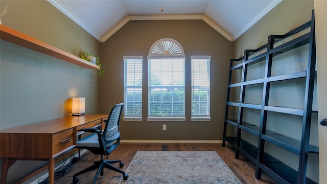 office with crown molding, lofted ceiling, and wood finished floors