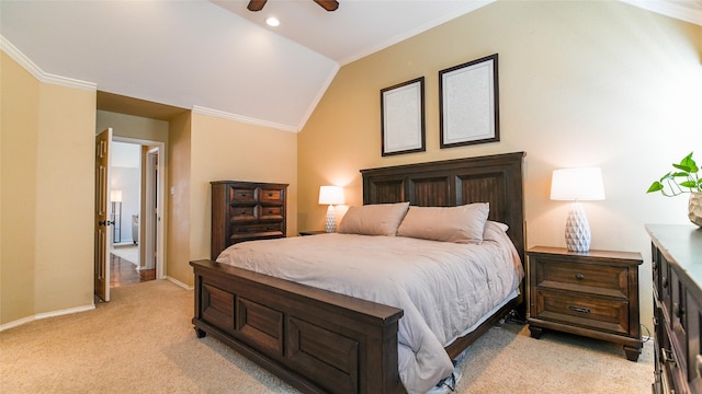 bedroom featuring a ceiling fan, vaulted ceiling, baseboards, ornamental molding, and light carpet