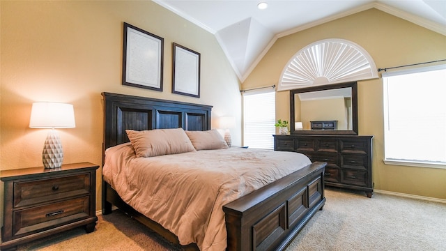 bedroom featuring crown molding, baseboards, vaulted ceiling, and light colored carpet