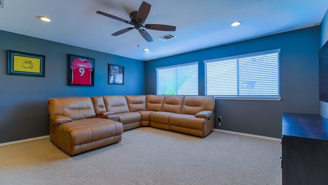 carpeted living area with recessed lighting, ceiling fan, visible vents, and baseboards