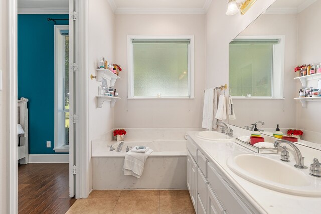 full bath featuring crown molding, double vanity, a sink, and a bath