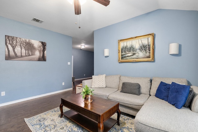 living room with a ceiling fan, baseboards, wood finished floors, lofted ceiling, and visible vents
