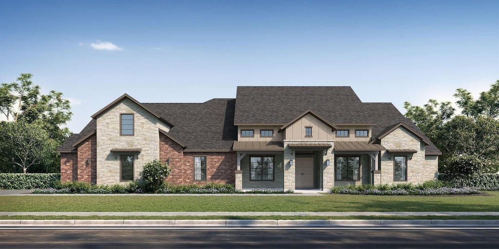 view of front of house with roof with shingles, a standing seam roof, stone siding, and a front lawn
