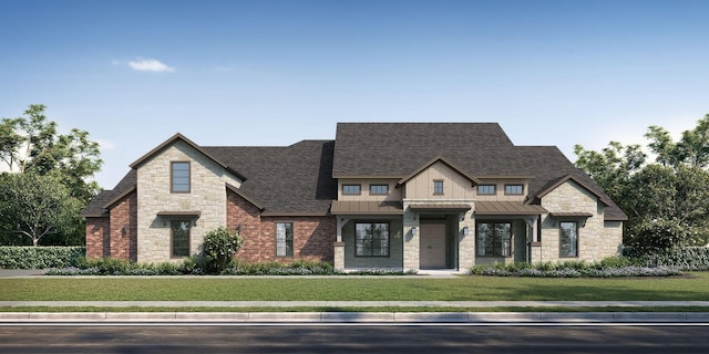 view of front of house with roof with shingles, a standing seam roof, stone siding, and a front lawn