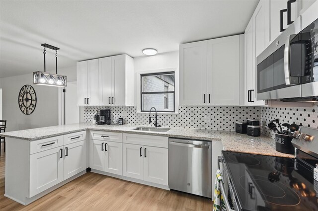 kitchen featuring backsplash, a sink, white cabinets, a peninsula, and stainless steel appliances