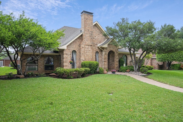 view of front of property featuring roof with shingles, a chimney, a front yard, and brick siding