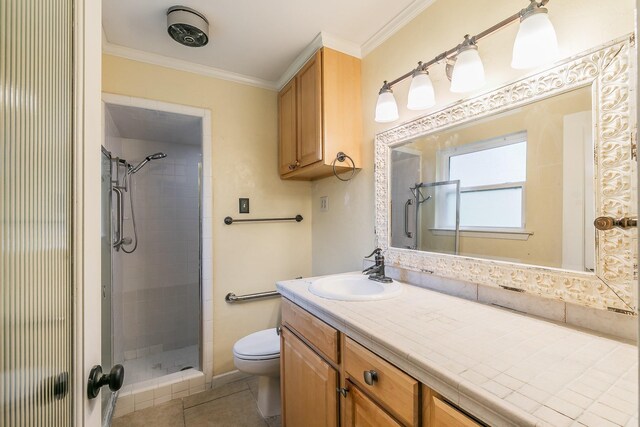 836 Springdale Rd, Bedford, TX 76021 - full bath with vanity, ornamental molding, toilet, tile patterned floors, and a stall shower