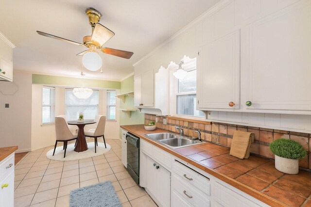 836 Springdale Rd, Bedford, TX 76021 - kitchen with decorative backsplash, tile counters, white cabinets, a sink, and dishwasher