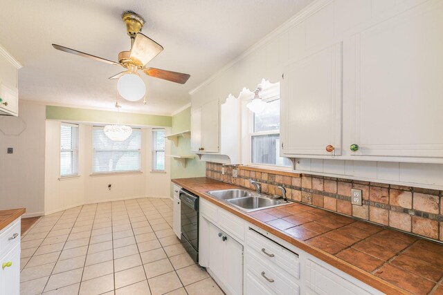 836 Springdale Rd, Bedford, TX 76021 - kitchen with tile countertops, a sink, ornamental molding, black dishwasher, and white cabinetry