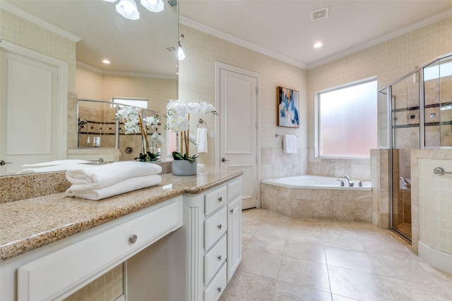 full bath with crown molding, vanity, a shower stall, and a garden tub