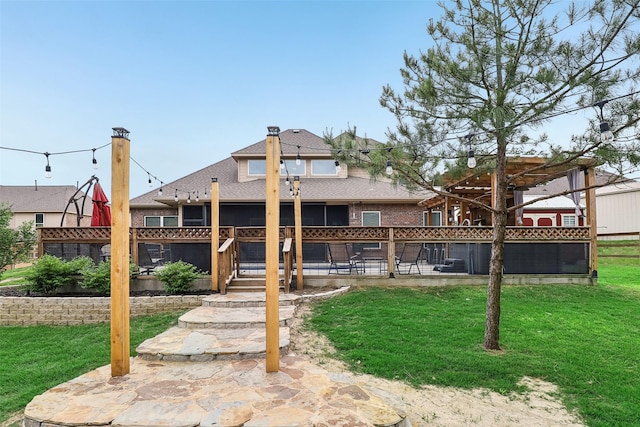 143 Dogwood Dr, Krugerville, TX 76227 - back of house with a yard, roof with shingles, fence, and a deck