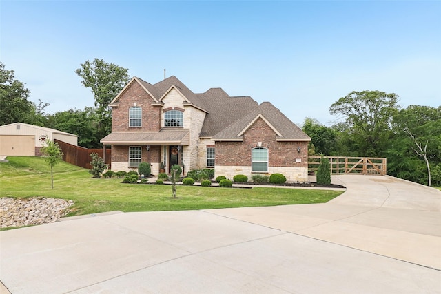 143 Dogwood Dr, Krugerville, TX 76227 - view of front of house with fence, a shingled roof, stone siding, a front lawn, and a gate