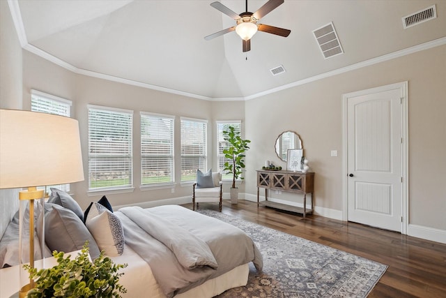 bedroom featuring high vaulted ceiling, baseboards, and visible vents