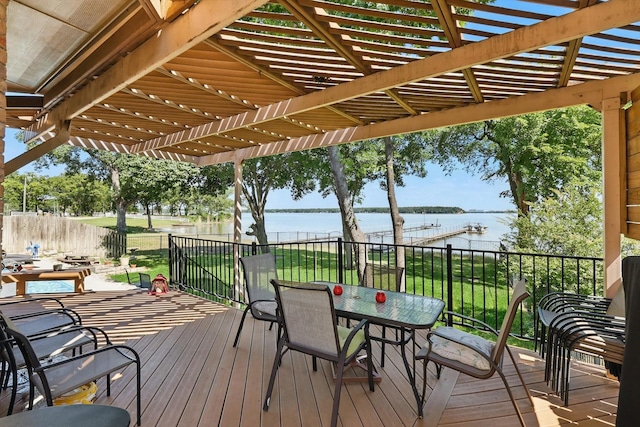 8913 Sunrise Point Ct, Fort Worth, TX 76135 - wooden deck featuring outdoor dining area, a water view, and a pergola