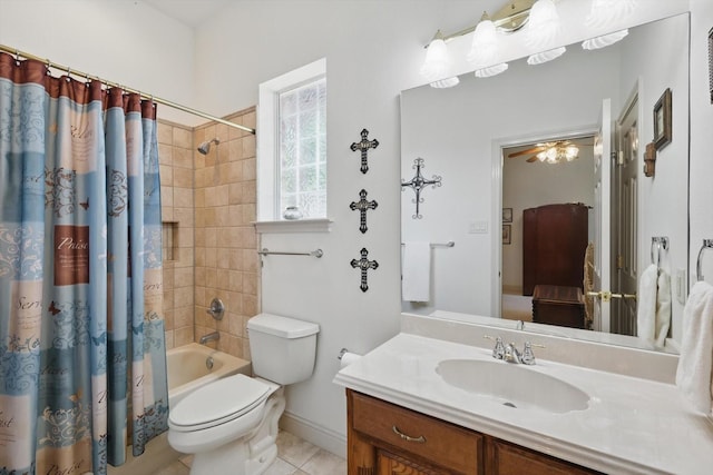 8913 Sunrise Point Ct, Fort Worth, TX 76135 - full bathroom featuring vanity, toilet, shower / bathtub combination with curtain, baseboards, and tile patterned flooring