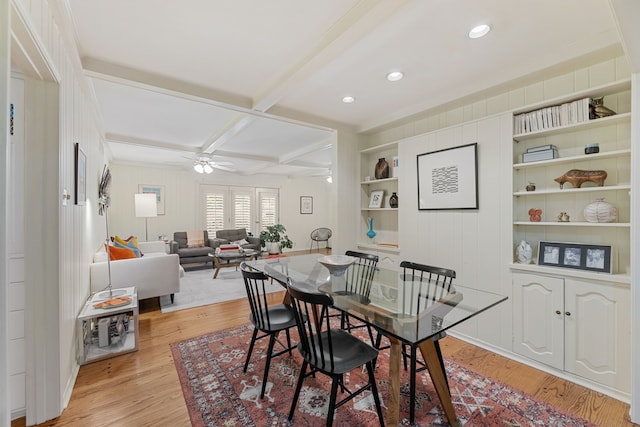 dining room with beam ceiling, light wood-style floors, ceiling fan, recessed lighting, and built in shelves