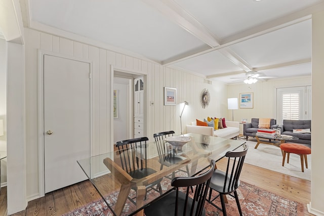 dining space featuring a ceiling fan, beamed ceiling, wood-type flooring, ornamental molding, and coffered ceiling