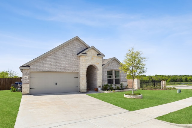 french country inspired facade with a garage, a front lawn, fence, brick siding, and driveway
