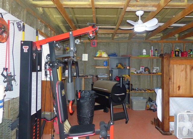 interior space featuring a ceiling fan