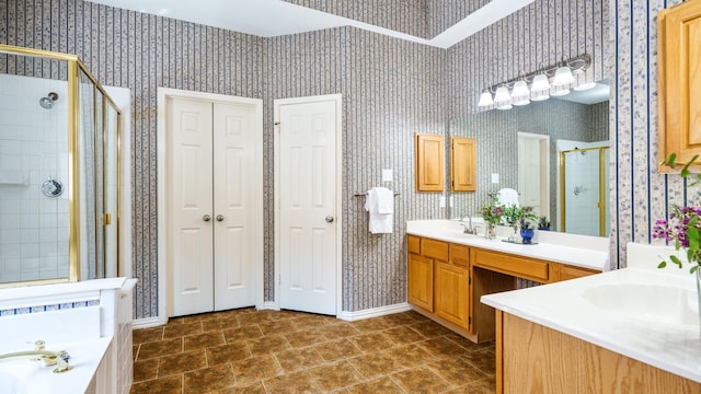 1230 Covina Ct, Allen, TX 75013 - bathroom with wallpapered walls, a stall shower, baseboards, and vanity