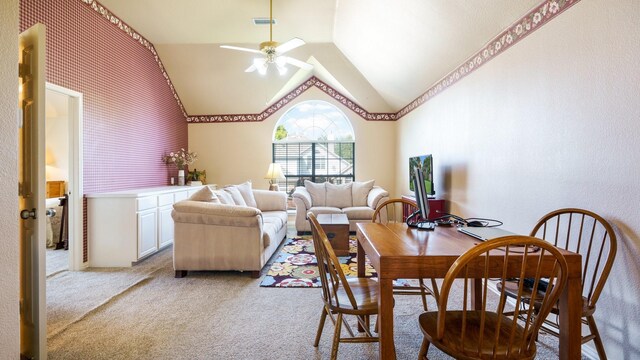 1230 Covina Ct, Allen, TX 75013 - dining space with lofted ceiling, a ceiling fan, and light colored carpet