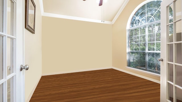 1230 Covina Ct, Allen, TX 75013 - unfurnished room featuring crown molding, dark wood finished floors, ceiling fan, baseboards, and french doors