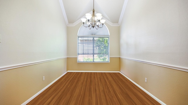 1230 Covina Ct, Allen, TX 75013 - spare room featuring a chandelier, wood finished floors, ornamental molding, vaulted ceiling, and baseboards