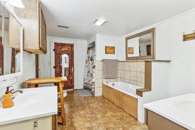 bathroom with vanity, a shower with shower curtain, a bath, and visible vents