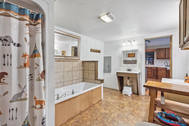 full bath featuring a shower with curtain, electric panel, a garden tub, a textured ceiling, and vanity