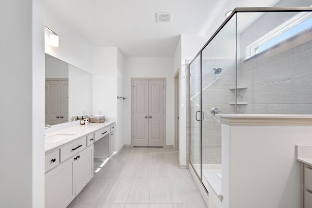 bathroom featuring visible vents, a shower stall, and vanity