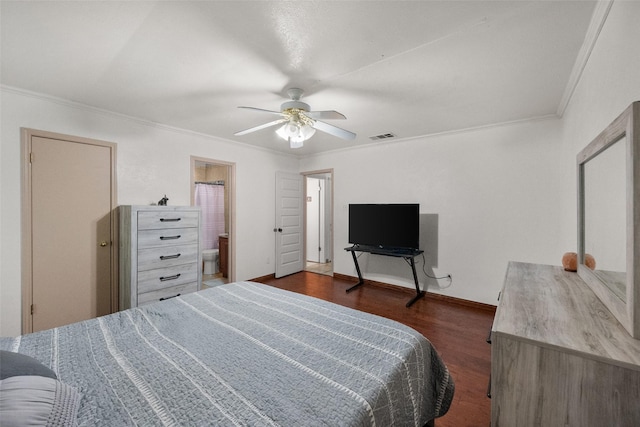 517 Curts Dr, Grand Prairie, TX 75052 - bedroom with a ceiling fan, visible vents, crown molding, dark wood finished floors, and baseboards