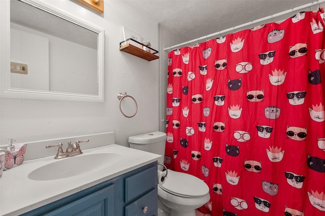 517 Curts Dr, Grand Prairie, TX 75052 - bathroom with vanity, toilet, a textured ceiling, and a shower with shower curtain