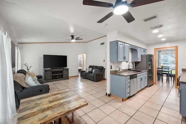 517 Curts Dr, Grand Prairie, TX 75052 - kitchen featuring a sink, dishwasher, a ceiling fan, light tile patterned floors, and visible vents
