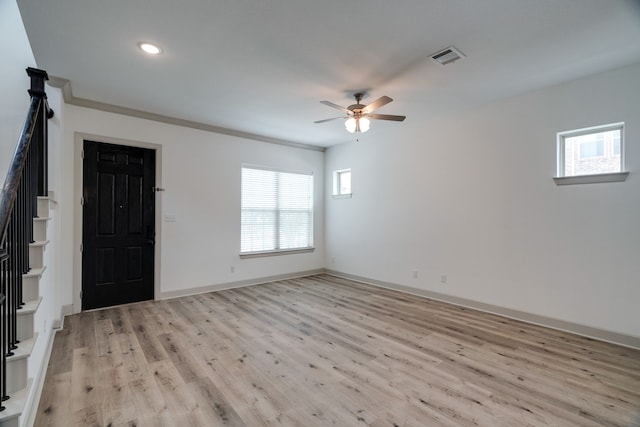 4402 Cypress Thorn Dr, Arlington, TX 76005 - entryway with light wood-style flooring, stairs, ceiling fan, baseboards, and recessed lighting