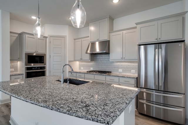 4402 Cypress Thorn Dr, Arlington, TX 76005 - kitchen featuring appliances with stainless steel finishes, under cabinet range hood, a sink, light wood-style flooring, and backsplash