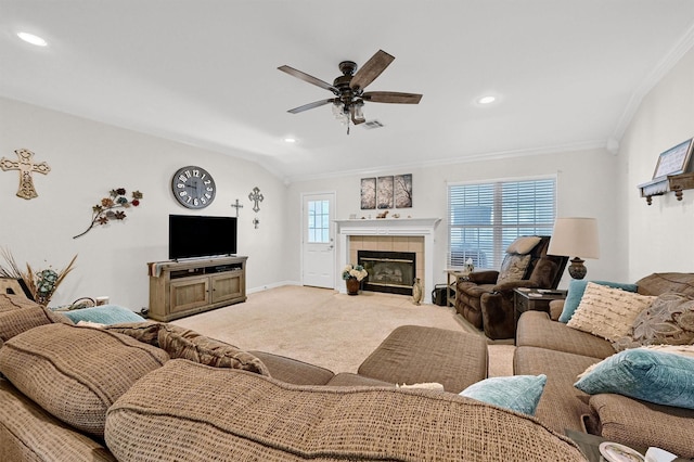 113 Ginger Dr, Pottsboro, TX 75076 - living room featuring ornamental molding, light carpet, a ceiling fan, recessed lighting, and a tile fireplace
